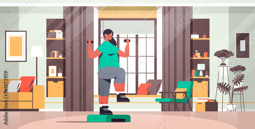 woman doing exercises with dumbbells on step platform at home girl having workout cardio fitness training healthy lifestyle sport concept living room interior full length vector illustration