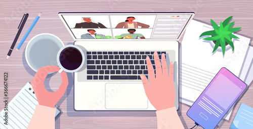 businessman using laptop chatting with mix race colleagues during video call online conference meeting communication concept workplace desk top angle view horizontal vector illustration