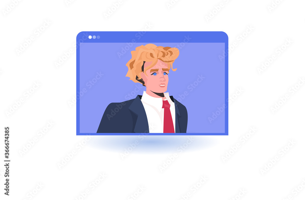 businessman having virtual conference during video call remote work quarantine isolation communication concept man in web browser window portrait horizontal vector illustration
