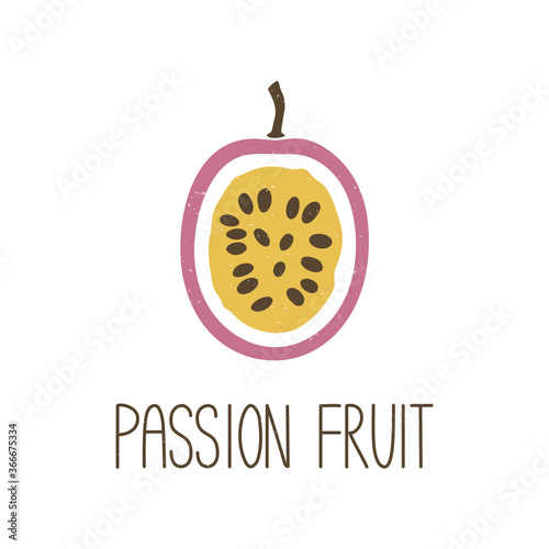 Cute colored caption half passion fruit isolated on transparent background. Colorful pictogram original design. Can be used for infographics, identity or decoration. Vector shabby hand drawn illustrat
