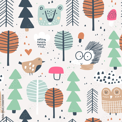 Fototapeta Naklejka Na Ścianę i Meble -  Seamless woodland pattern with cute animals and trees. Vector illustration. Scandinavian style. Creative hand drawn background. Autumn.