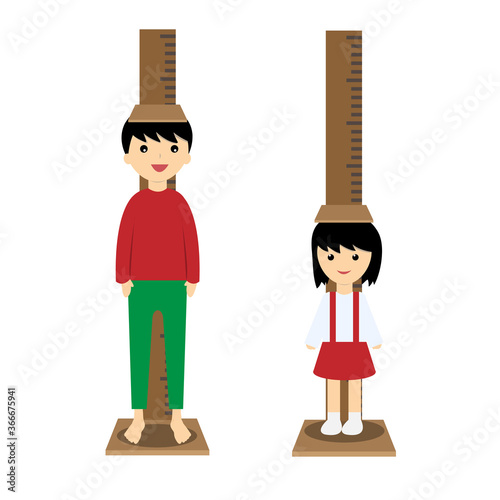 boy and girl measuring their height cartoon vector