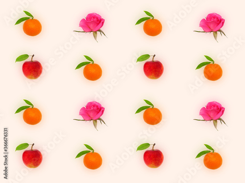 Decorative pattern with orange tangerines  pink roses and red apple on light peach background