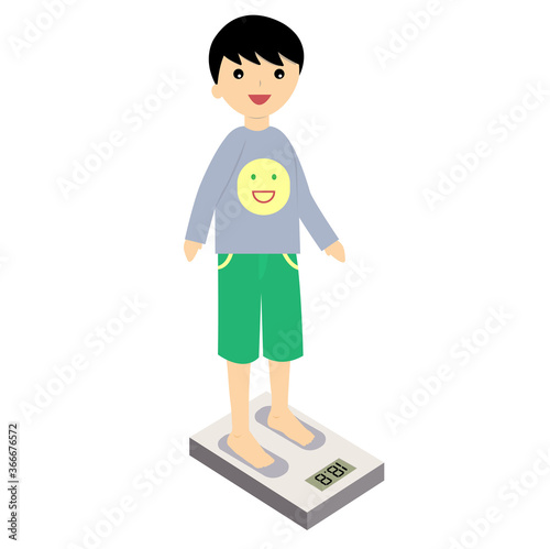 a boy weighing on digital scales vector