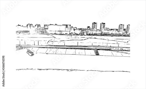 Building view with landmark of Volgograd, formerly Stalingrad, is a city in southwest Russia. Hand drawn sketch illustration in vector.