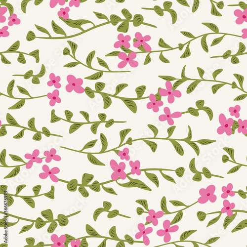 Pink floral tendril seamless vector pattern background with gren foliage for fabric, wallpaper, stationery, scrapbooking projects or backgrounds.