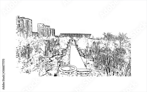 Building view with landmark of Volgograd, formerly Stalingrad, is a city in southwest Russia. Hand drawn sketch illustration in vector.