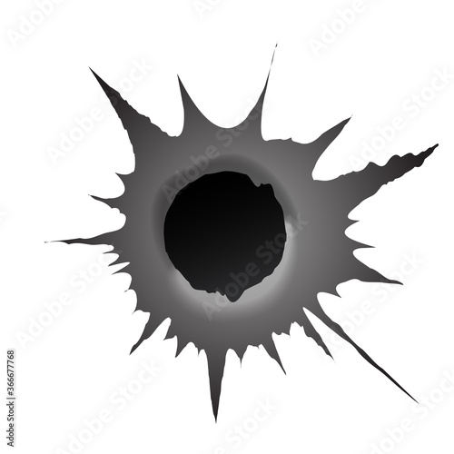 Bullet hole on white background. Realisic metal bullet hole, damage effect. Vector illustration.