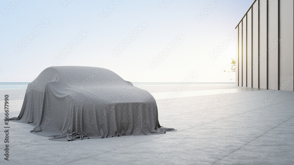 Fototapeta premium Large concrete floor and gray wall. 3d rendering of new car covered with cloth.