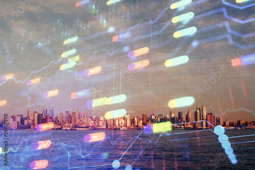 Data theme hologram drawing on city view with skyscrapers background multi exposure. Bigdata concept. © peshkova