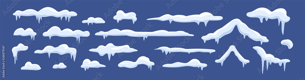 Set of snow caps and snowdrifts different shapes vector illustration. Collection of various snowy winter elements isolated. Frozen cover of roof top surface or peak of building. Snowcap effect Set of snow caps and snowdrifts different shapes vector illustration. Collection of various snowy winter elements isolated. Frozen cover of roof top surface or peak of building. Snowcap effect