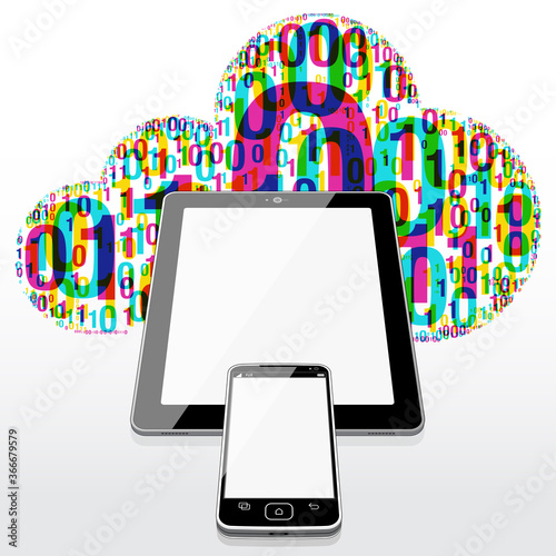 A Smart Phone placed centrally on a Digital tablet. A software "Binary data cloud" sits behind the 2 screen devices.