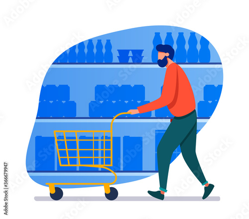 Man shopping in supermarket. Customer wheeling cart along aisles flat vector illustration. Grocery store, buying food concept for banner, website design or landing web page