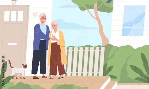 Elderly couple hugging standing together on porch of countryside house vector flat illustration. Aged man and woman with cat near village dwelling. Mature people holding hands outdoor