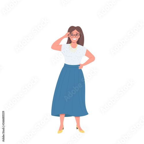 Happy female with glasses flat color vector faceless character