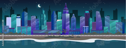 Night city flat color vector illustration