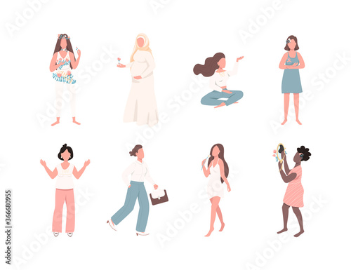 Women empowerment flat color vector faceless character set