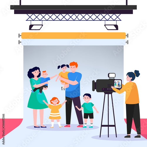 Camerawoman filming big family scene in studio. Parents and children posing for camera flat vector illustration. Operator job, shooting concept for banner, website design or landing web page