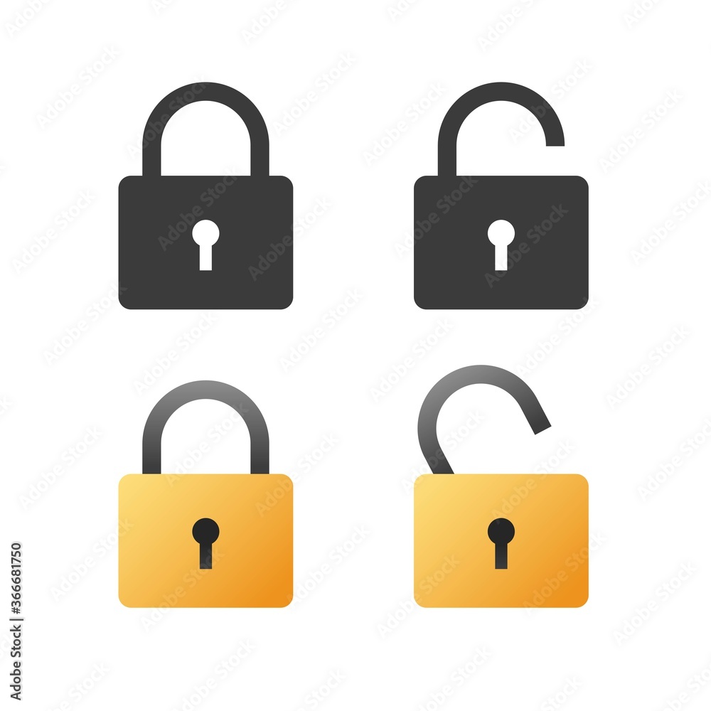 Padlock open and lock closed flat vector icon cartoon black and white ...