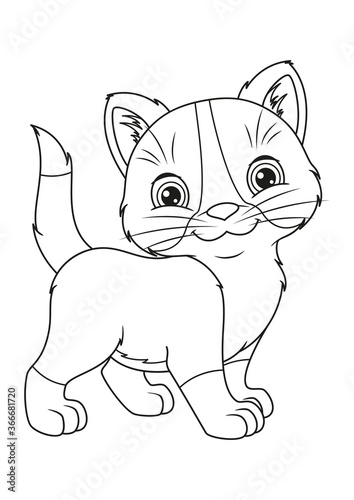 Cartoon kitten coloring page. Black and white outline illustration