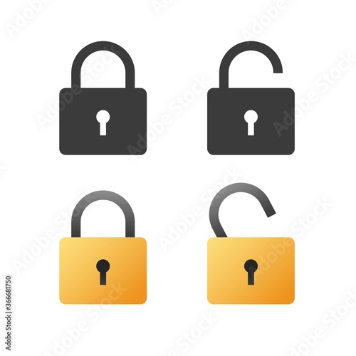 Padlock open and lock closed flat vector icon cartoon black and white shape pictogram isolated, illustrated unlocked and locked padlocks silhouette symbols modern clipart