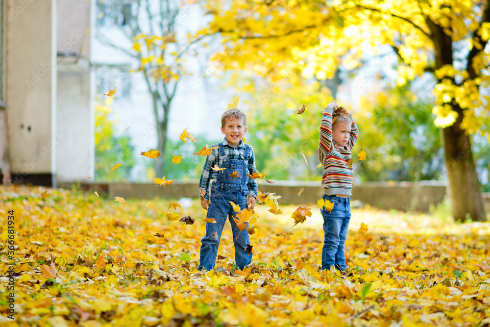 Boy playing with yellow autumn leaves in a park Boy playing with yellow autumn leaves in a park