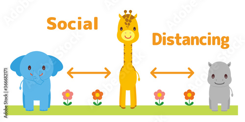 ソーシャルディスタンスをとる動物たち（英語）　こども向け　イラスト

