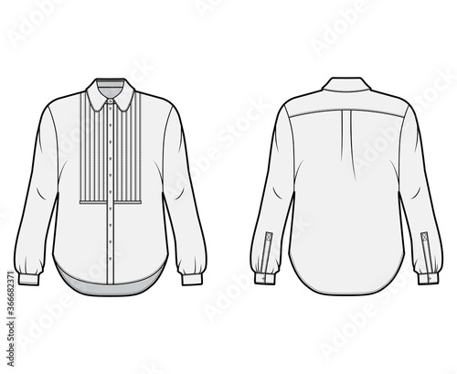 Shirt technical fashion illustration with bib, button down front opening, round collar, long sleeves with cuff, oversized body. Flat apparel template front back grey color. Women men unisex CAD mockup