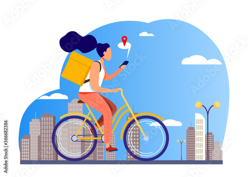 Courier riding bike and checking address on phone. Woman delivering order, using cell with map flat vector illustration. Delivery service concept for banner, website design or landing web page