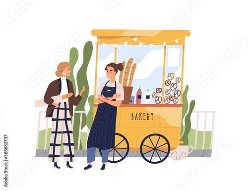 Vendor and customer having friendly conversation at bakery booth vector flat illustration. Guy seller working at bakeshop stall isolated. Man owner of small business street kiosk with snacks