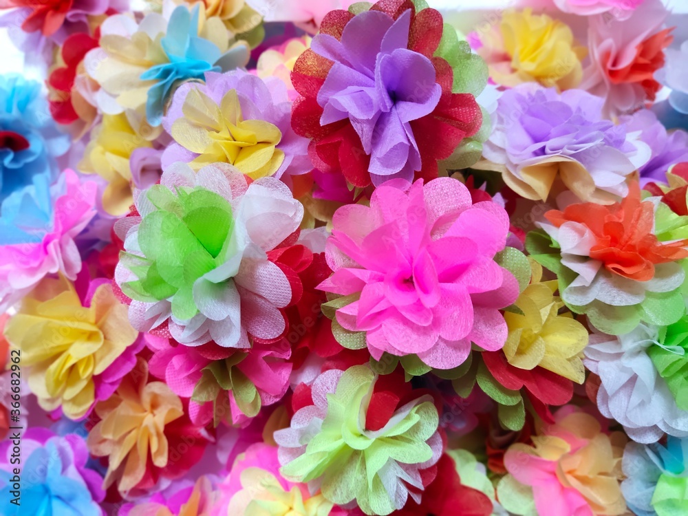 Colorful fake flowers made from mulberry paper