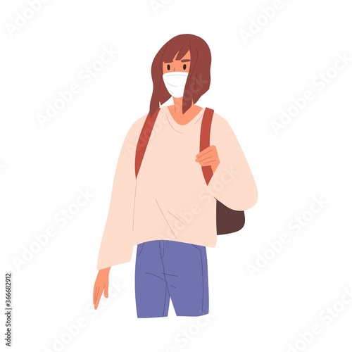 Woman with backpack wearing face mask vector flat illustration. Casual female standing in medical respirator isolated on white. Coronavirus epidemic and pandemic protection. Virus disease prevention