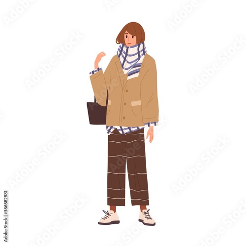 Stylish female wrapped in warm scarf standing with handbag vector flat illustration. Trendy girl demonstrate winter outfit style isolated on white. Fashion woman in jacket wear classy clothes