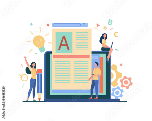 Content author or writer job concept. Freelance blogger at laptop writing creative article, editing text. Vector illustration for blogging, seo marketing, online education topics