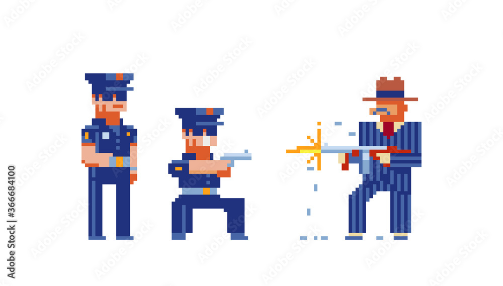 Fototapeta premium Policeman character with a gun and gangster man. Pixel art 80s style. Isolated vector illustration. Game assets. 8-bit.