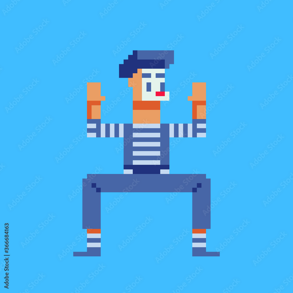 Mime artist, character. Pixel art. France country symbol. 8-bit sprite