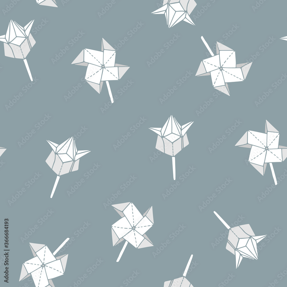Fototapeta premium Seamless pattern with hand-drawn origami spinner and tulip shapes. Can be used as print on textiles and wrapping paper