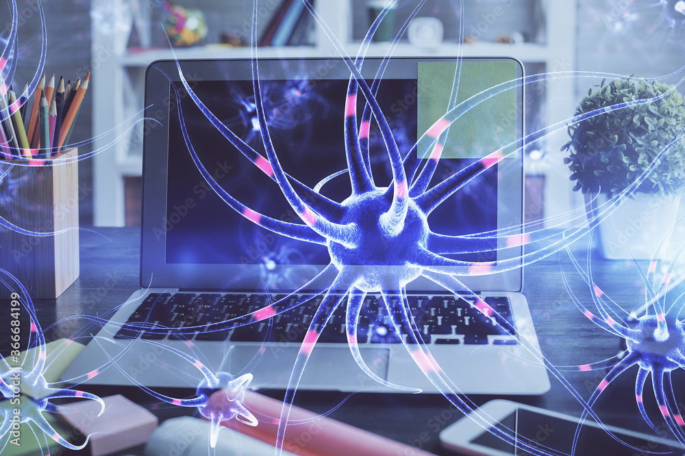 Desktop computer background and neuron drawing. Double exposure. Education concept. Desktop computer background and neuron drawing. Double exposure. Education concept.