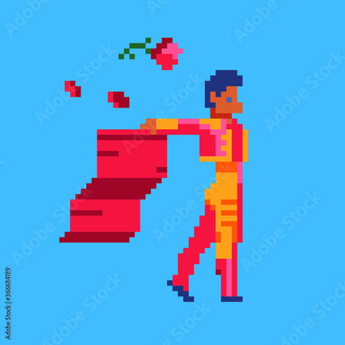 Man matador. Spanish bullfighter with a red cape pixel art character, isolated vector illustration. 8-bit sprite. Design stickers, logo, mobile app.