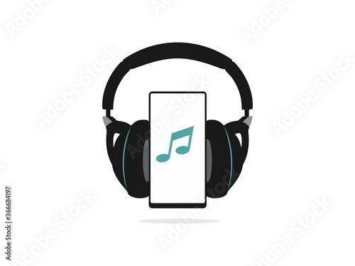 Black wireless headphones with mobile phone and green music icon, isolated on a white background. Smartphone playing music on headphones. Vector illustration of digital music technology.