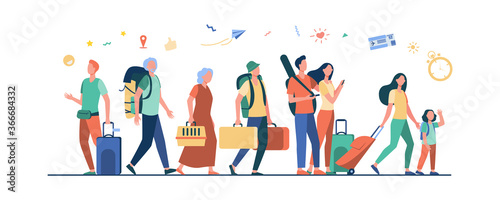 Group of tourists with suitcases and bags standing in airport. Families, elderly couples travelling with luggage. Vector illustration for trip, journey, travel, vacation concept