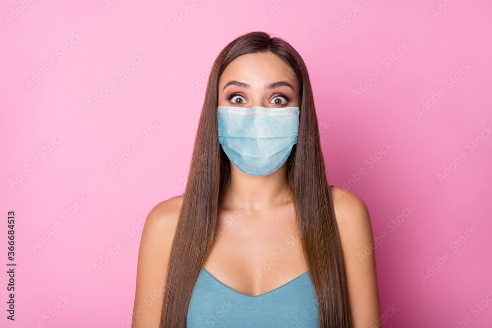 Close-up portrait of her she nice-looking attractive lovely pretty long-haired girl wearing safety gauze mask stop influenza stay home keep social distance isolated over pink color background - obrazy, fototapety, plakaty 