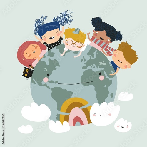 Globe kids. International friendship day. Earth day