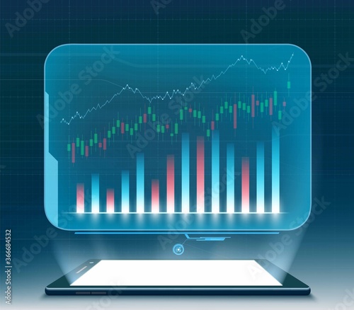 Financial graphs and charts on the projection screen of the smartphone.