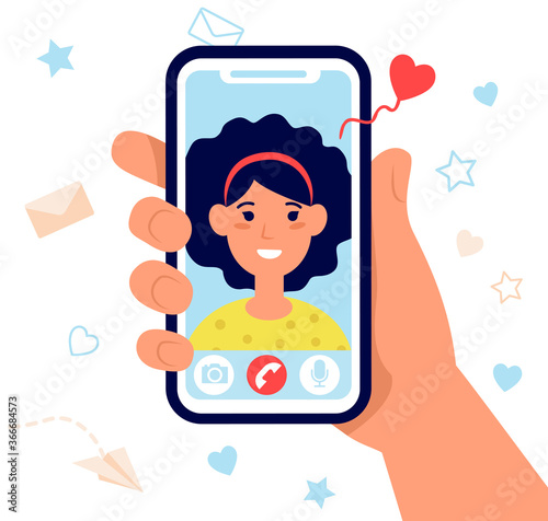 Hand holding phone isolated flat vector illustration. Cartoon smartphone with smiling pretty woman on screen. Social media, video call and digital technology concept