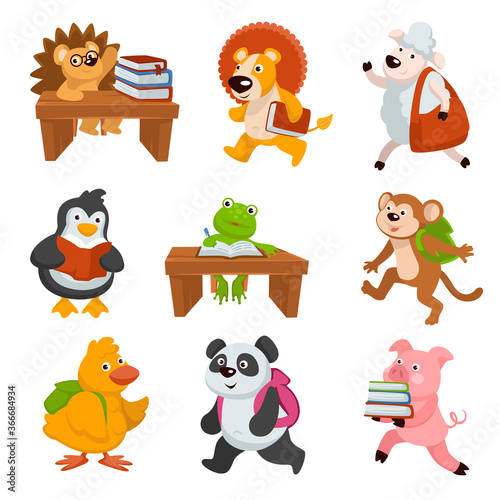 Baby animals carrying books and studying at school