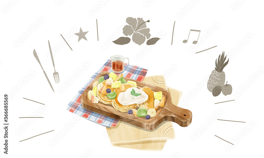 ふわふわフルーツパンケーキ水彩風イラスト
ふわふわフルーツパンケーキ水彩風イラスト
