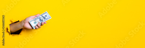 Woman's hand holds a bundle of one hundred dollar bills on a yellow background. Banner.