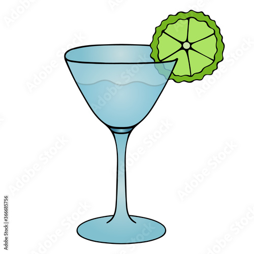 Martini with a slice of lime. Colored vector illustration. Isolated white background. Cartoon style. Refreshing cocktail. A glass with an alcoholic drink. Light aperitif. Medium-strength wine.