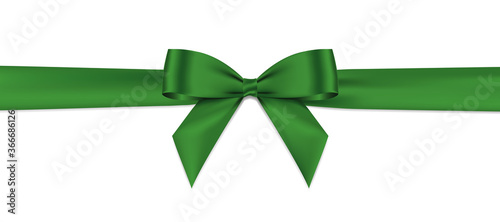 Green bow and horizontal ribbon realistic shiny satin with shadow for decorate your christmas card or website vector EPS10 isolated on white background.